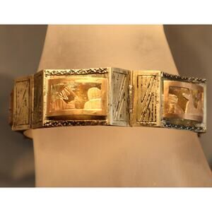 Vintage Silver Shadowbox Bracelet Peru Llama Cactus Boat